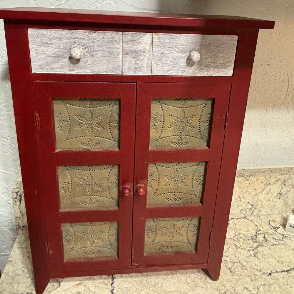 Red Small Counter Top Pie Safe Cabinet Distressed White Drawer Tin-Style Panels